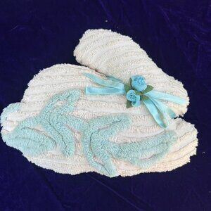 Vintage Chenille Colorful Pastel Handmade Bunny Rabbit Pillow Ribbon Detail